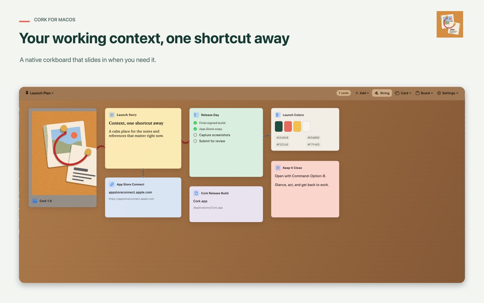 A Cork launch board containing an image, notes, a checklist, a link, a file, and a color palette.